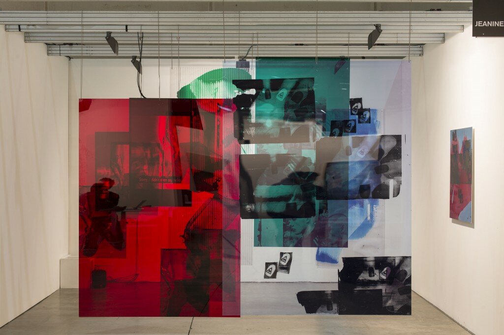 Diptych film installation, plexiglass panels with silkscreens images and paint, dimensions variable
