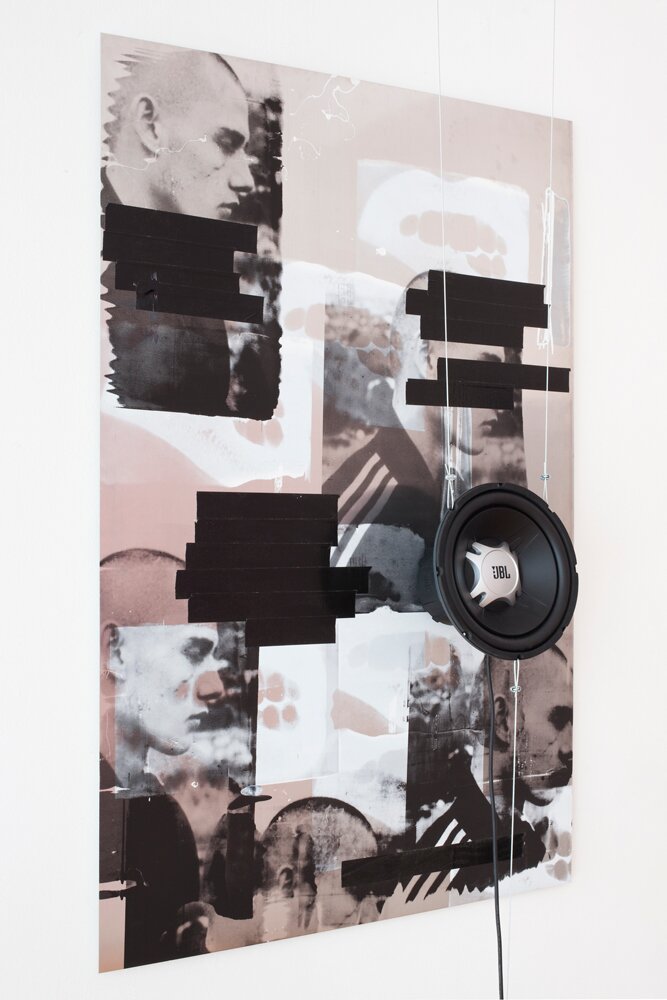 Silkscreen print, paint, tape, subwoofer with sound (Part of installation Reacting Calmly)