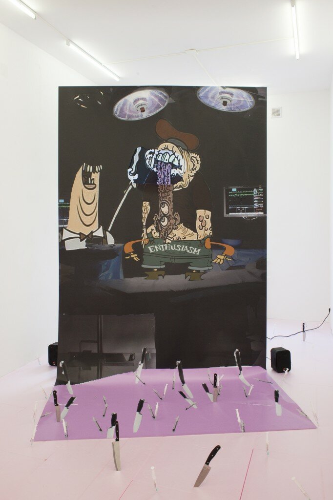 Video and audio installation, metal rack, pvc print, screen and active speakers