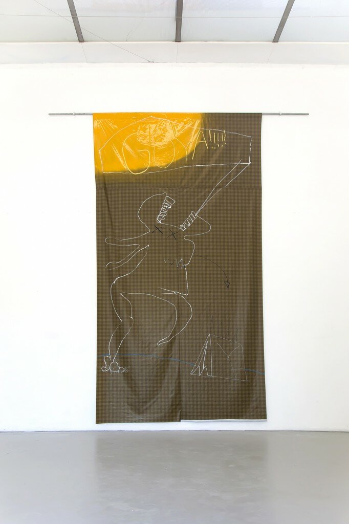 Industry marker on sewed wax cloth and aluminium pipe, 300 x 550 cm