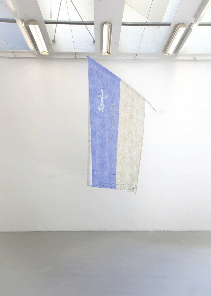 Industry marker on sewed wax cloth and aluminum pipe, 350 x 300 cm