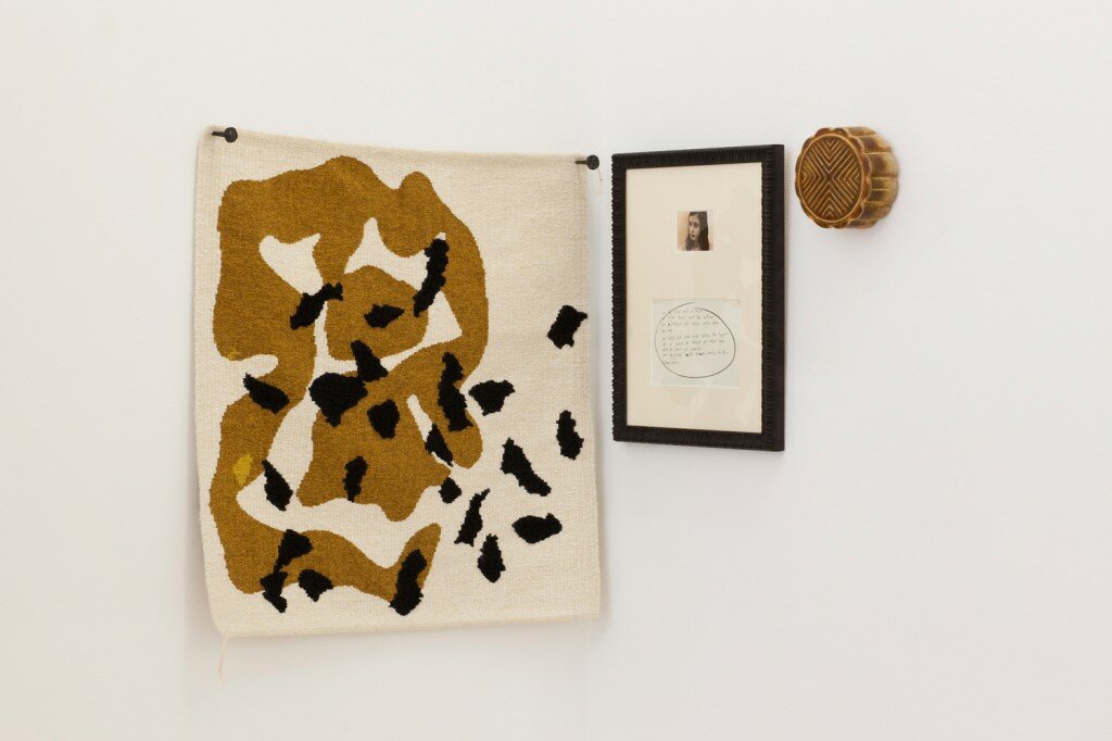 Hand dyed linen tapestry, iron nails, carved swamp kauri, stain, wax, framed archival digital print and ink on paper, passé partout