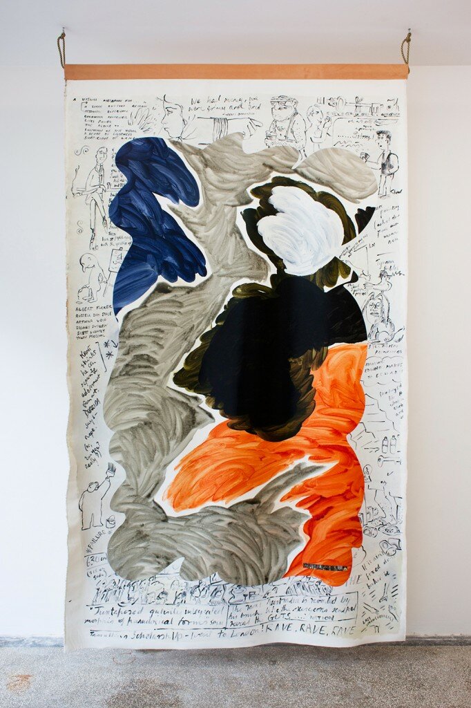 Synthetic polymer paint and magnets on canvas, leather